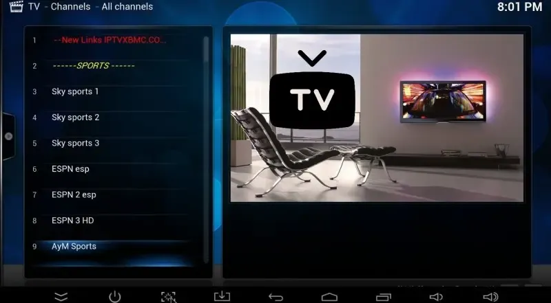 Hände navigieren mit Fernbedienung ein Smart-TV-Menü, um eine IPTV-App einzurichten.
