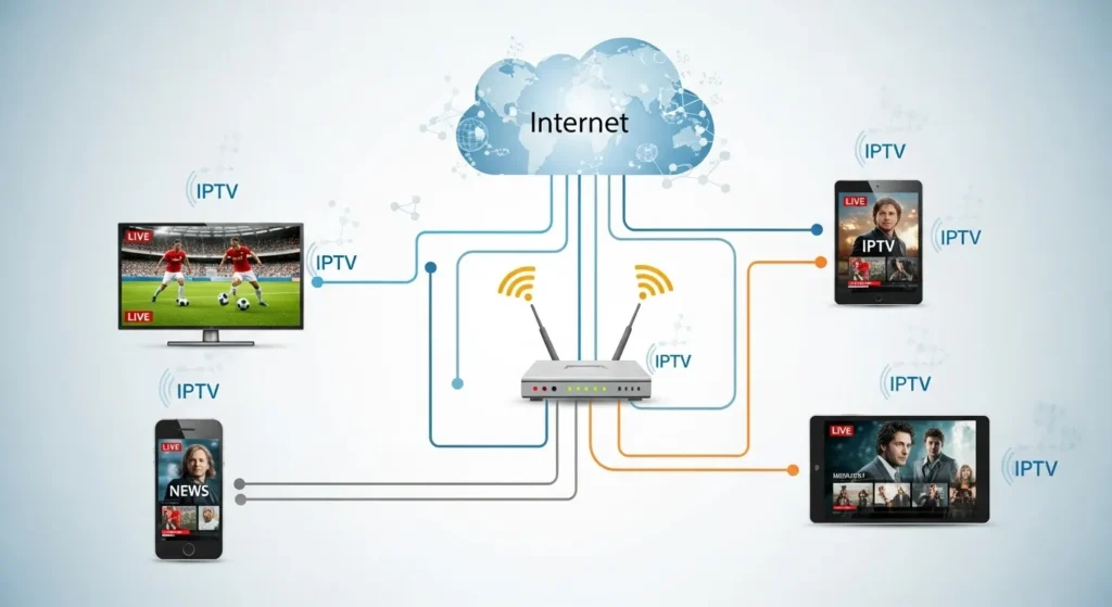 Infografik IPTV-Datenfluss von Internet über Router zu Smart TV, Tablet und Smartphone.