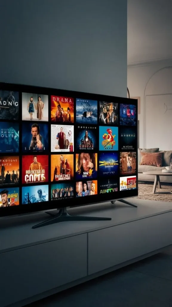 Modernes Wohnzimmer mit Smart-TV, der IPTV-Kanäle anzeigt, symbolisiert digitales Fernsehen über Internet.