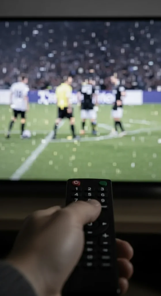 Verpixelter, ruckelnder IPTV-Stream auf einem Fernsehbildschirm, symbolisiert Verbindungsprobleme.