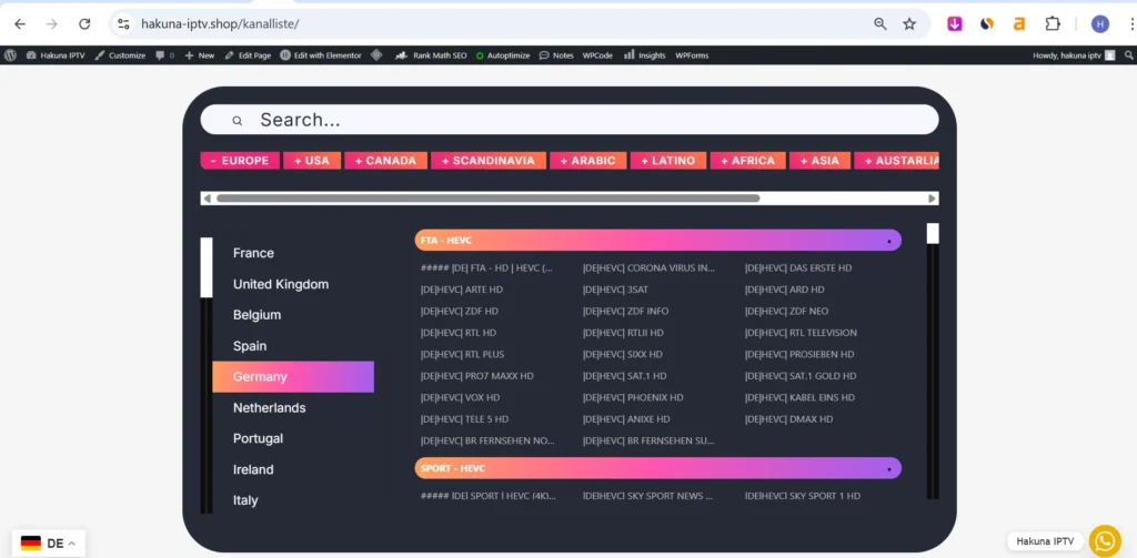 A screenshot of the Kanalliste (channel list) page on the Hakuna IPTV website, showing the filterable list of German TV channels available.