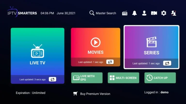 IPTV Smarters Pro Benutzeroberfläche mit Live TV und Movies Option nach dem IPTV Code kaufen