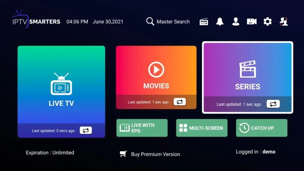 IPTV Smarters Pro Benutzeroberfläche mit Live TV und Movies Option nach dem IPTV Code kaufen