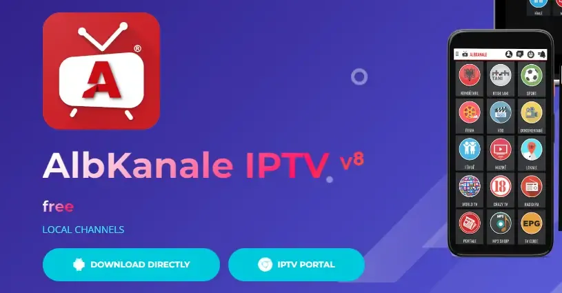 in Werbebanner der AlbKanale IPTV v8 App, das die Benutzeroberfläche auf einem Smartphone und die Download-Buttons für alb kanal iptv Sender zeigt.